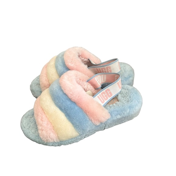 UGG Pastel Fluff Yeah Furry Pride Slingback Striped Pink Blue Slippers Sandals - Picture 3 of 12